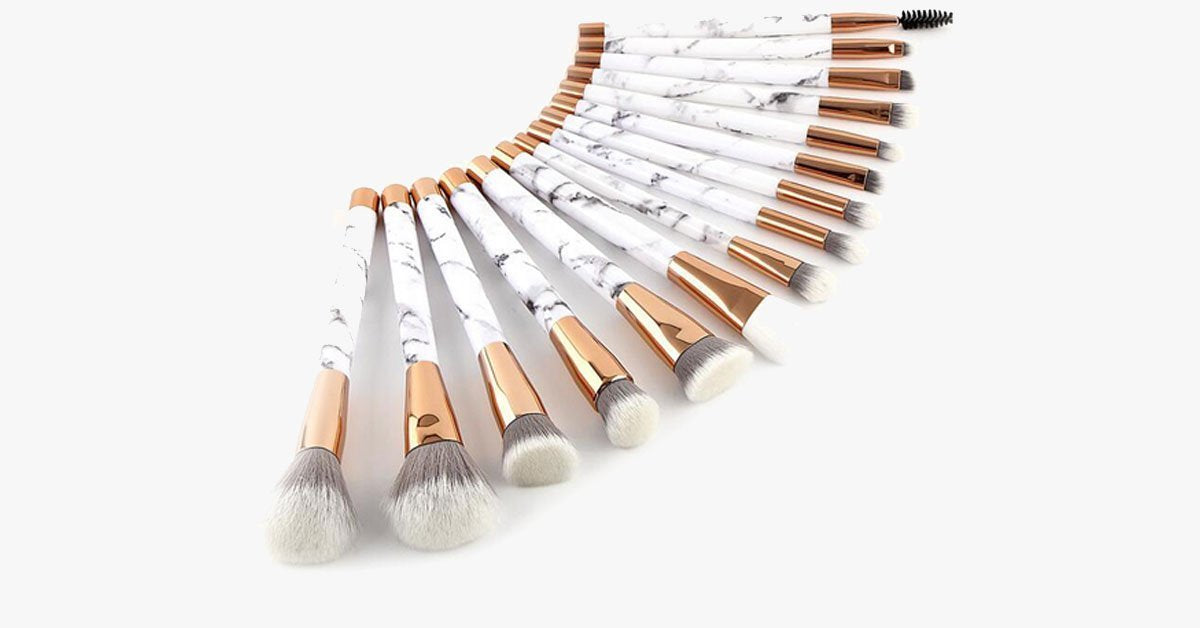 Pro Makeup Brush Set of 15 with Rose and Marble Pattern - Perfect for All Makeup Uses