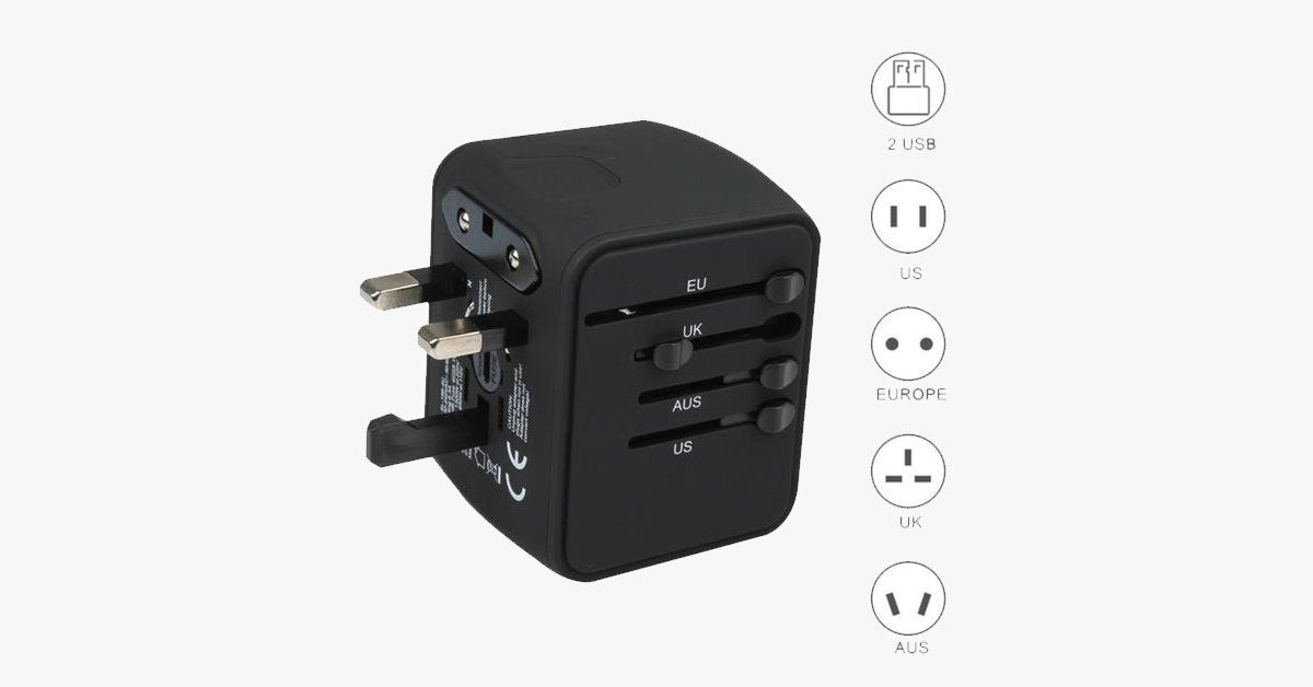 Universal Travel Adapter - Features Universal Socket with 2 USB Ports - Lightweight & Portable - Perfect for All Smart Devices