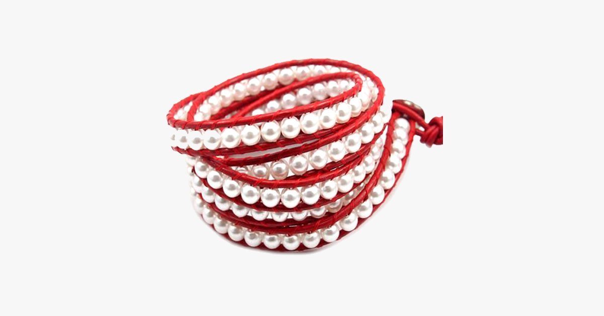White Pearl on Red Leather Bracelet