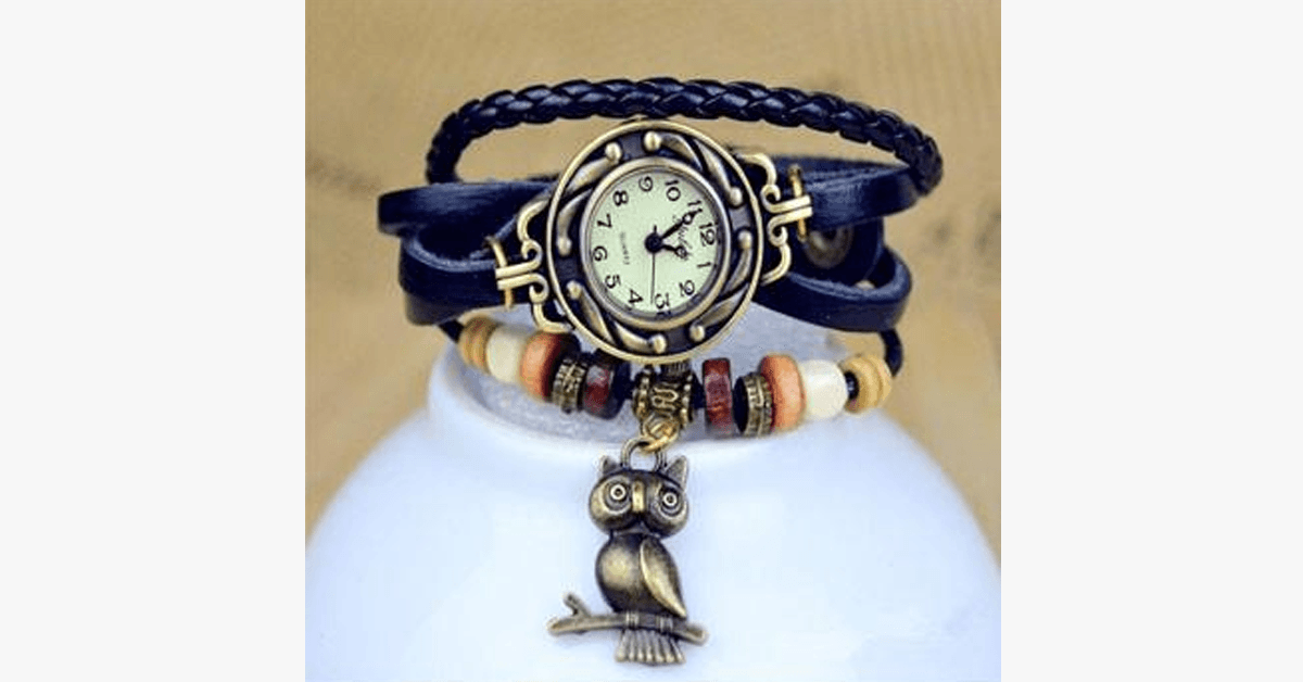 Owl Vintage Wrap Watch with Boho Chic Style Bracelet - Woven Cuff Style Bracelet Watch for a Funky Look!