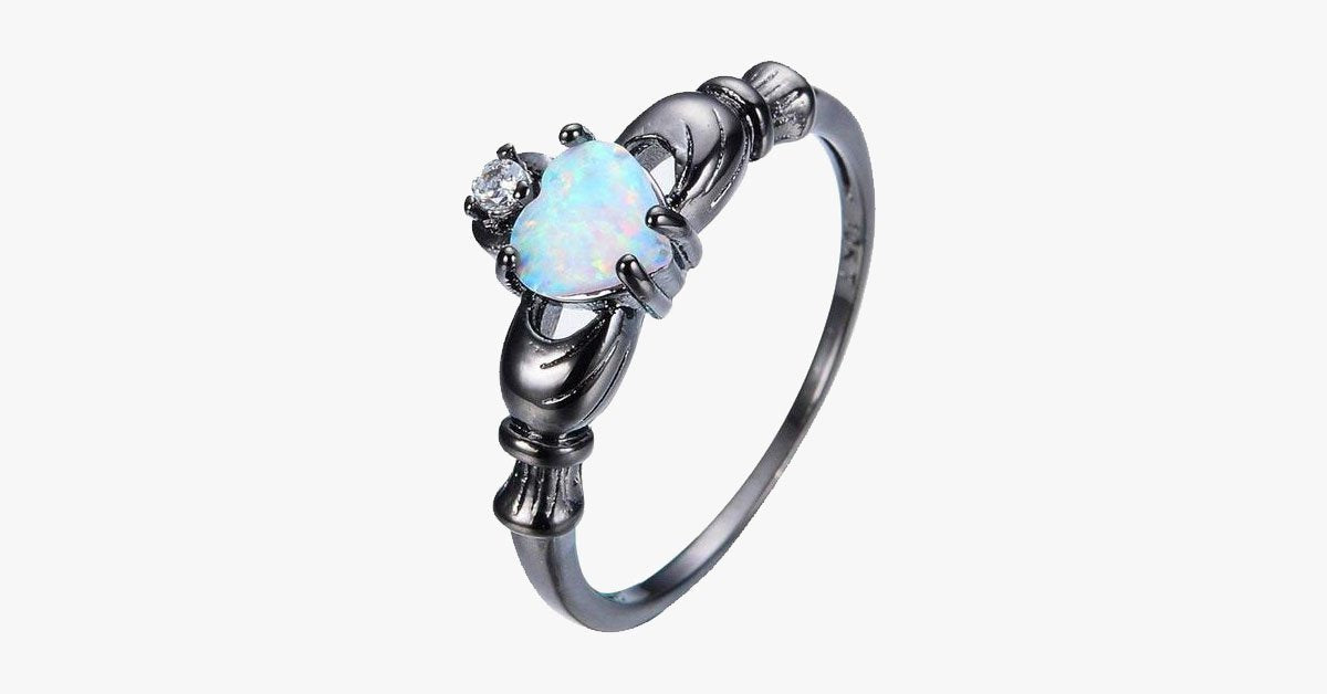 Elegant Rainbow Opal Heart Black Gold Filled Solitaire Ring