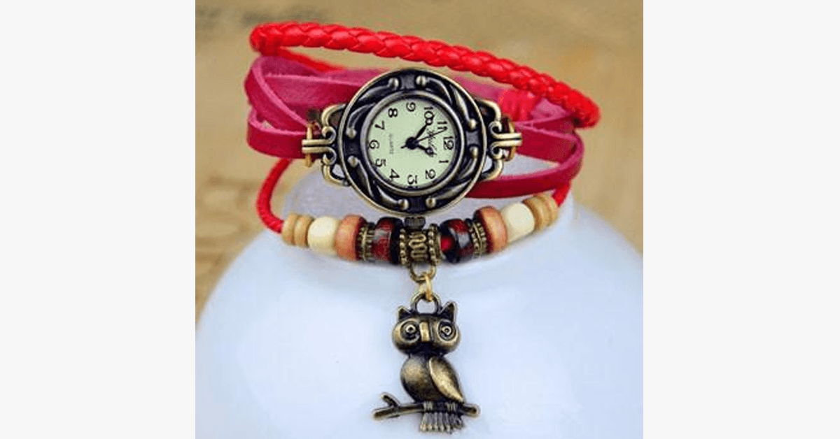 Owl Vintage Wrap Watch with Boho Chic Style Bracelet - Woven Cuff Style Bracelet Watch for a Funky Look!