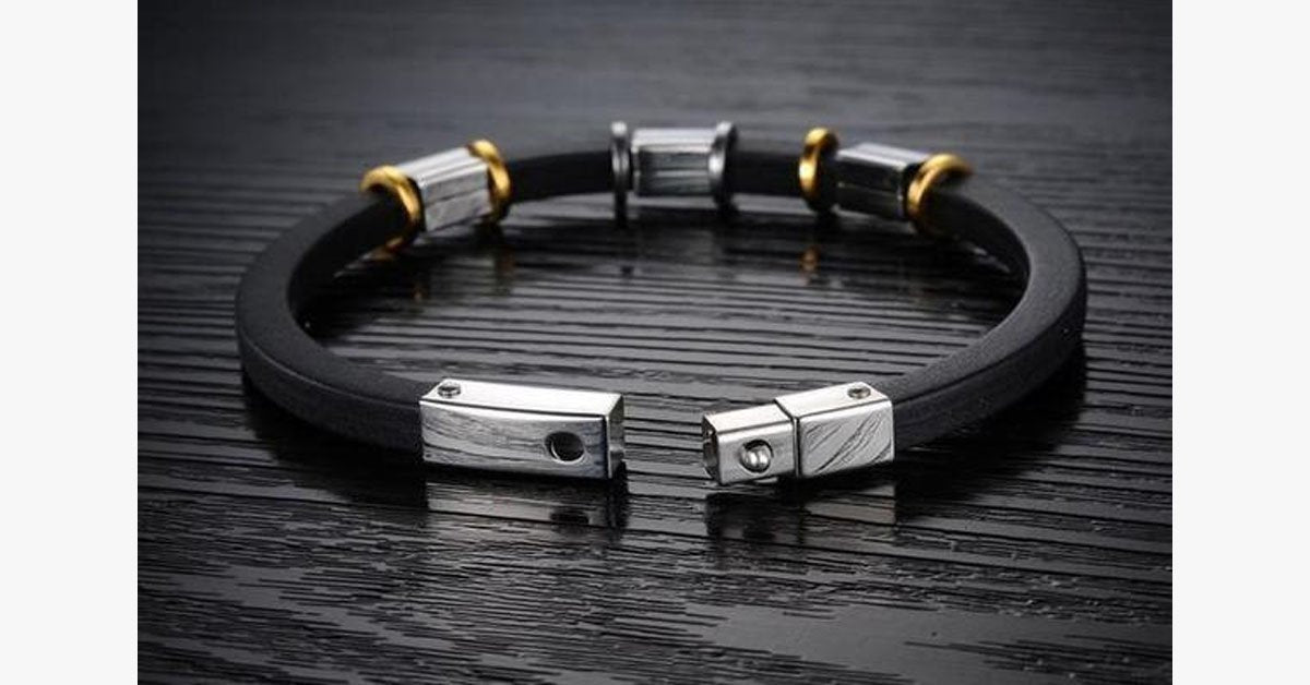 Punk Gold Stainless Steel Black Genuine Silicone Men's Bracelet