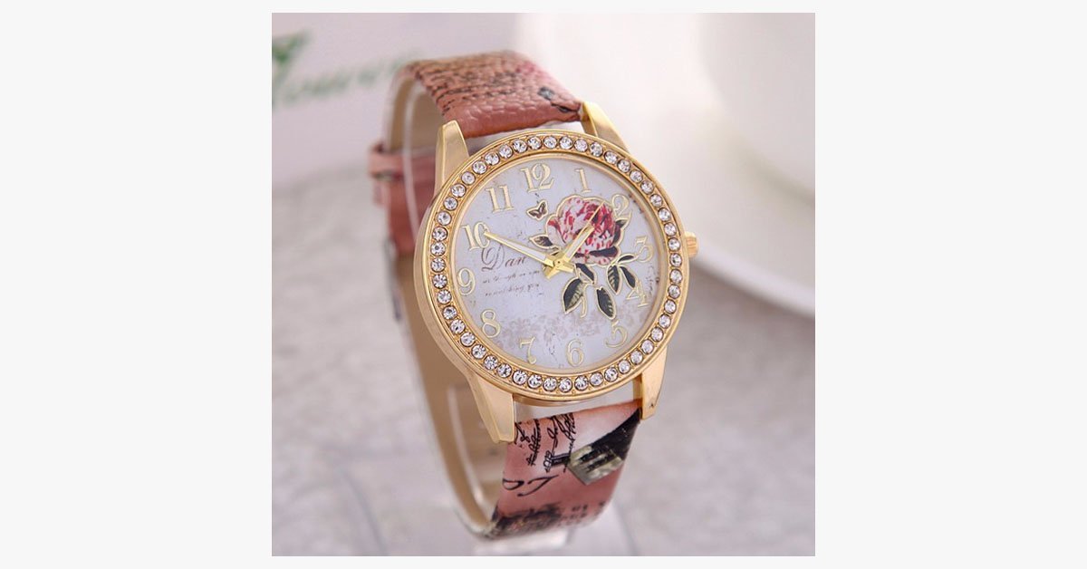 Elegant Rose Wrist Watch - Multicolor Quartz Watch with Leather Band