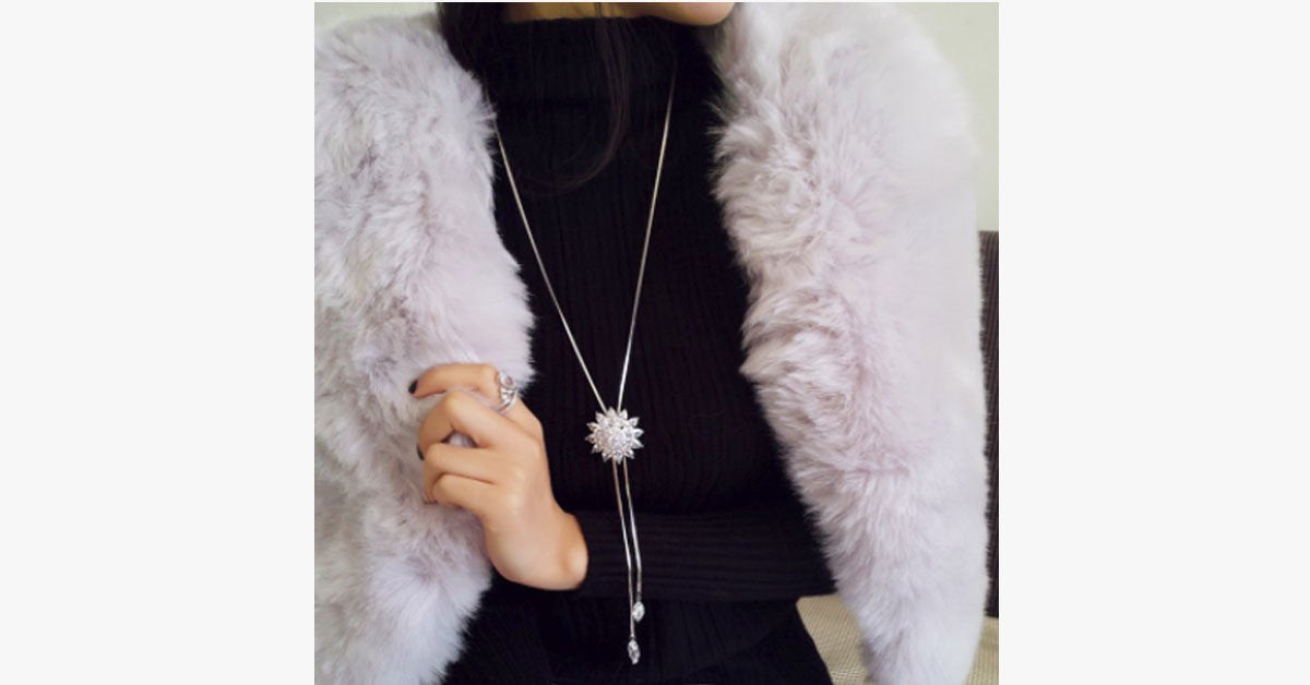White Crystal Sunflower Tassel Long Necklace - Metallic Link Chain Crystal Simulated Necklace for a sophisticated Look