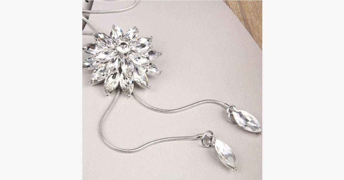 White Crystal Sunflower Tassel Long Necklace - Metallic Link Chain Crystal Simulated Necklace for a sophisticated Look