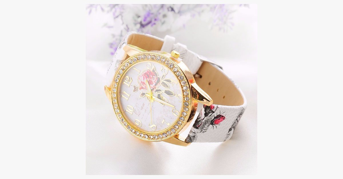 Elegant Rose Wrist Watch - Multicolor Quartz Watch with Leather Band