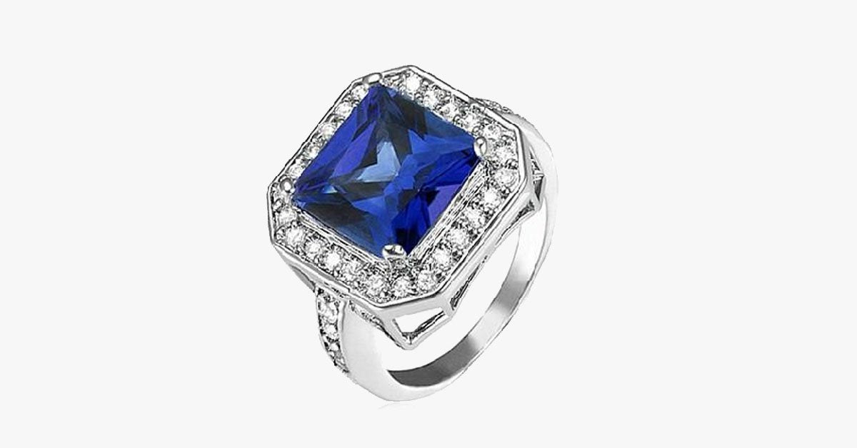 Sapphire Cocktail Ring with CZ Side Stones Rhodium Over Brass