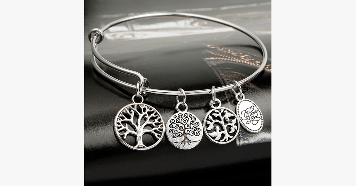 Tree of Life Enchanting Charm Bangle- Silver Color Stainless Steel Bangle for a Modern Minimalist Look