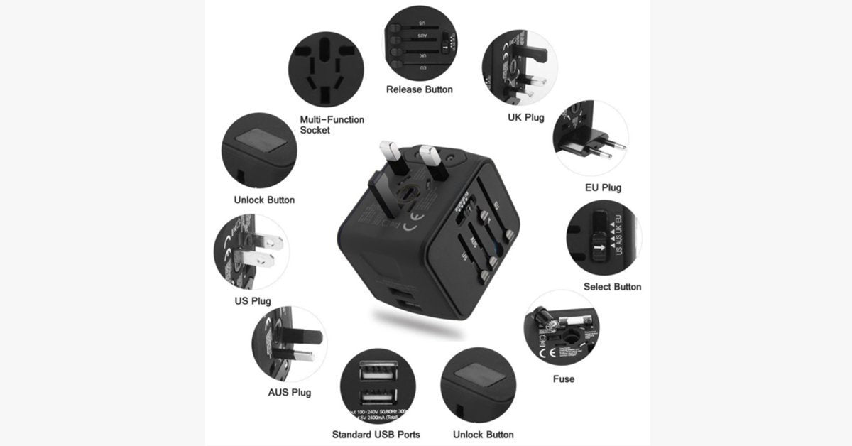Universal Travel Adapter - Features Universal Socket with 2 USB Ports - Lightweight & Portable - Perfect for All Smart Devices
