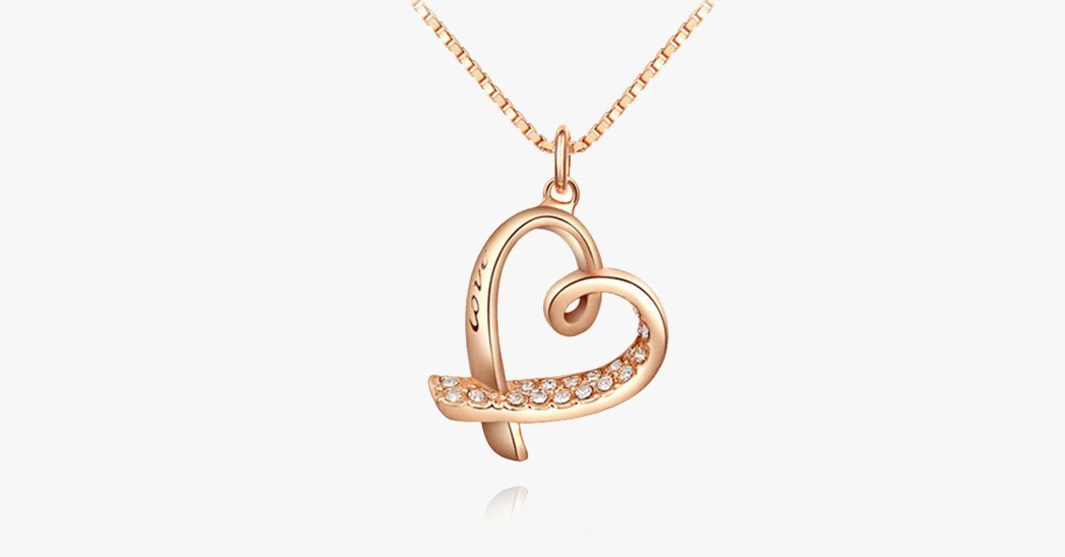 24K Rose Gold Pendant - Love Engraved Heart with Crystal