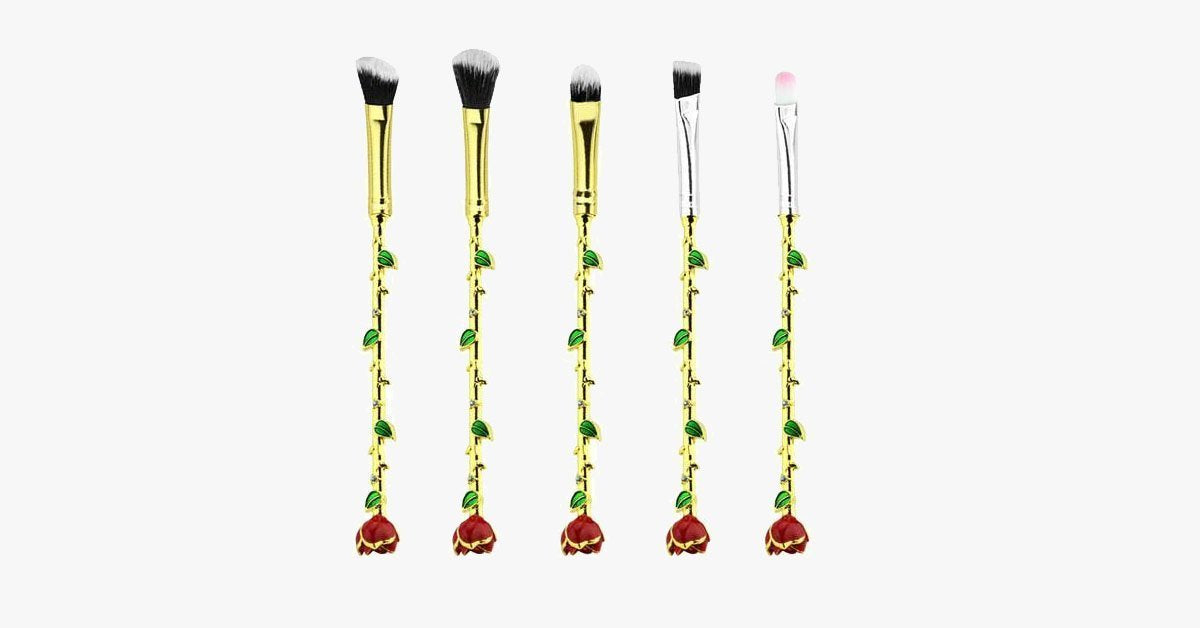 5 Pieces of Beauty and the Beast Makeup Brush Set - Crystal Handle Face Brush - Super Soft Cosmetic Brushes