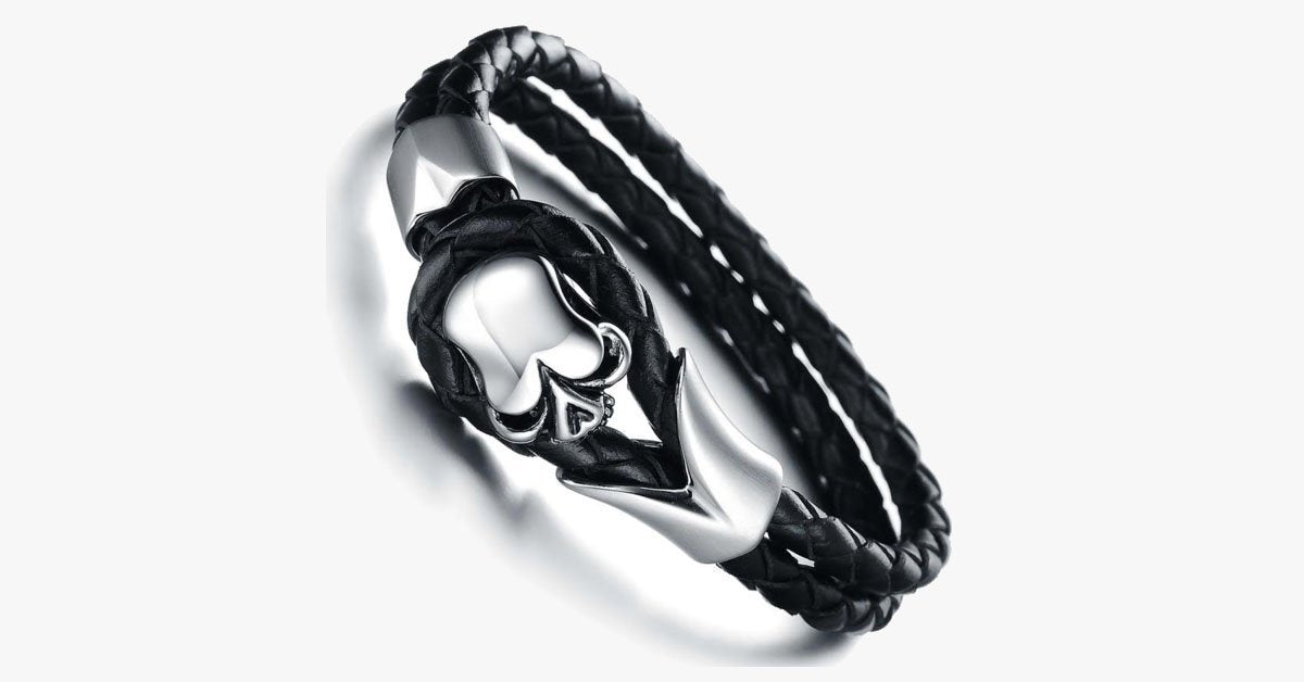 Dirty Skull Black Leather Men's Bracelet