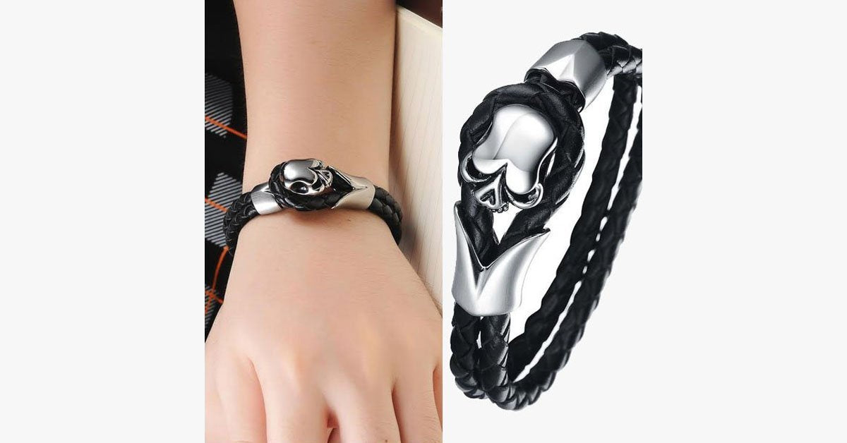 Dirty Skull Black Leather Men's Bracelet