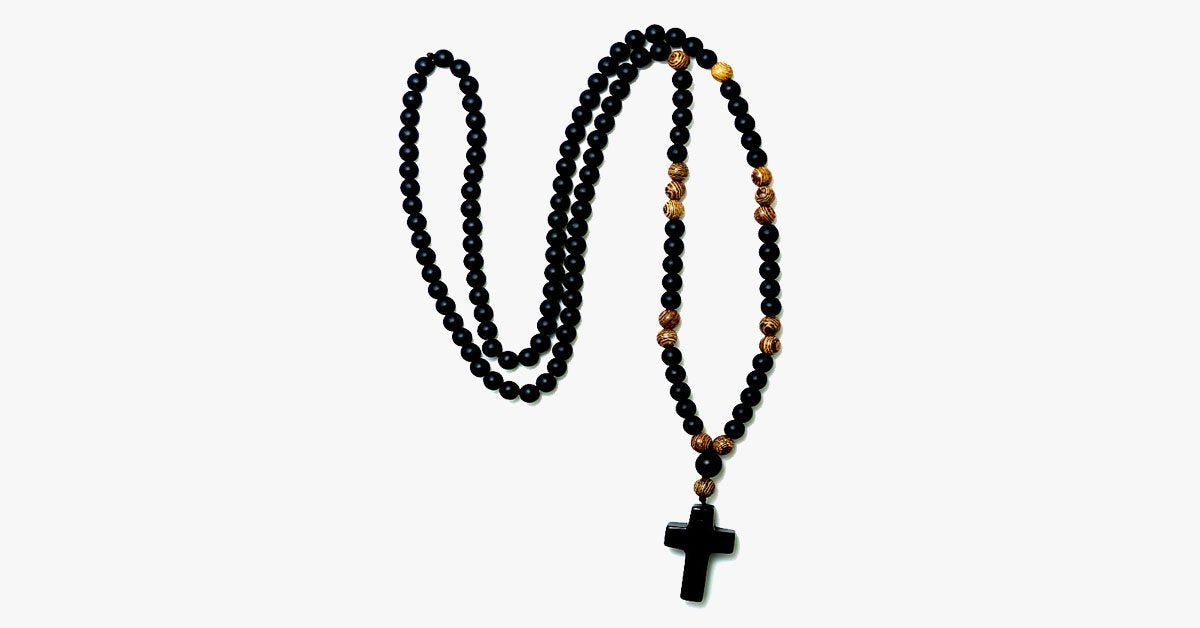 Black Cross Stone Wood Bead Necklace