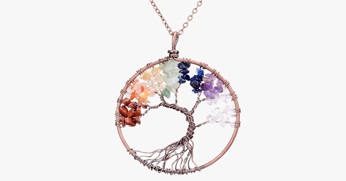 Seven Chakra Crystal Stone Tree Of Life Copper Necklace