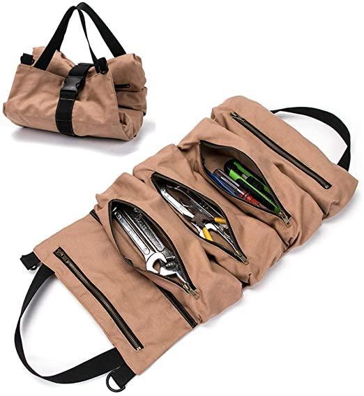 Multi-Purpose Tool Roll Up Bag Wrench Roll Pouch Hanging Tool Zipper Carrier Tote Canvas Car Organizer 5 Pockets Portable