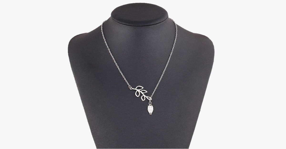 Modern, Stylish Hollow Leaf, and Owl Charm Necklace