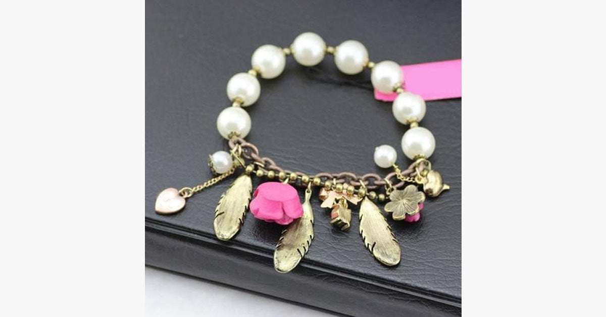 Pink Flower Feather Pearl Stretch Bracelet