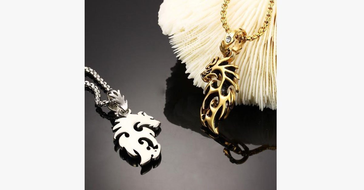 Gold Plated Stainless Steel Vintage Dragon Necklace