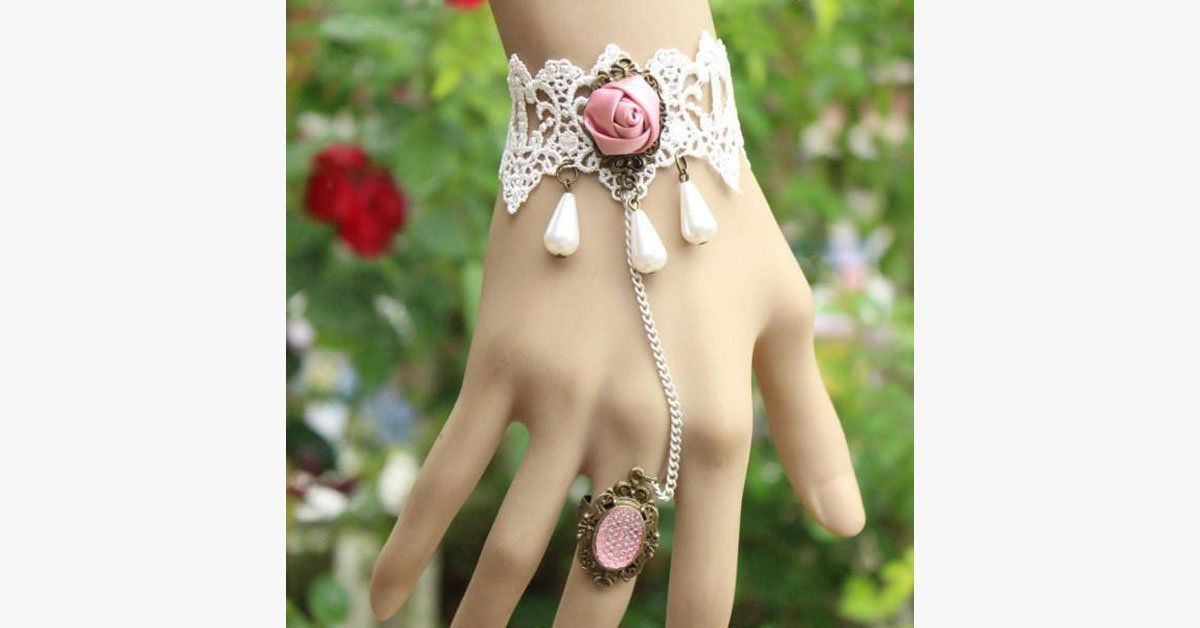 Pink Rose Ring-to-Wrist Bracelet