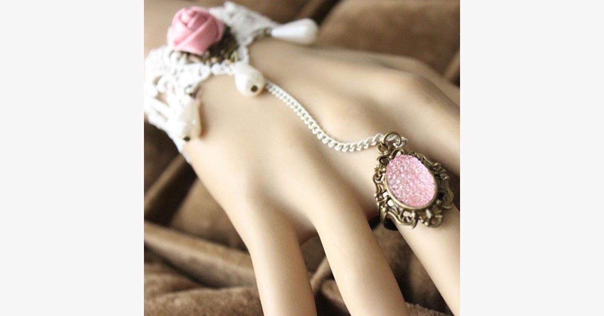 Pink Rose Ring-to-Wrist Bracelet