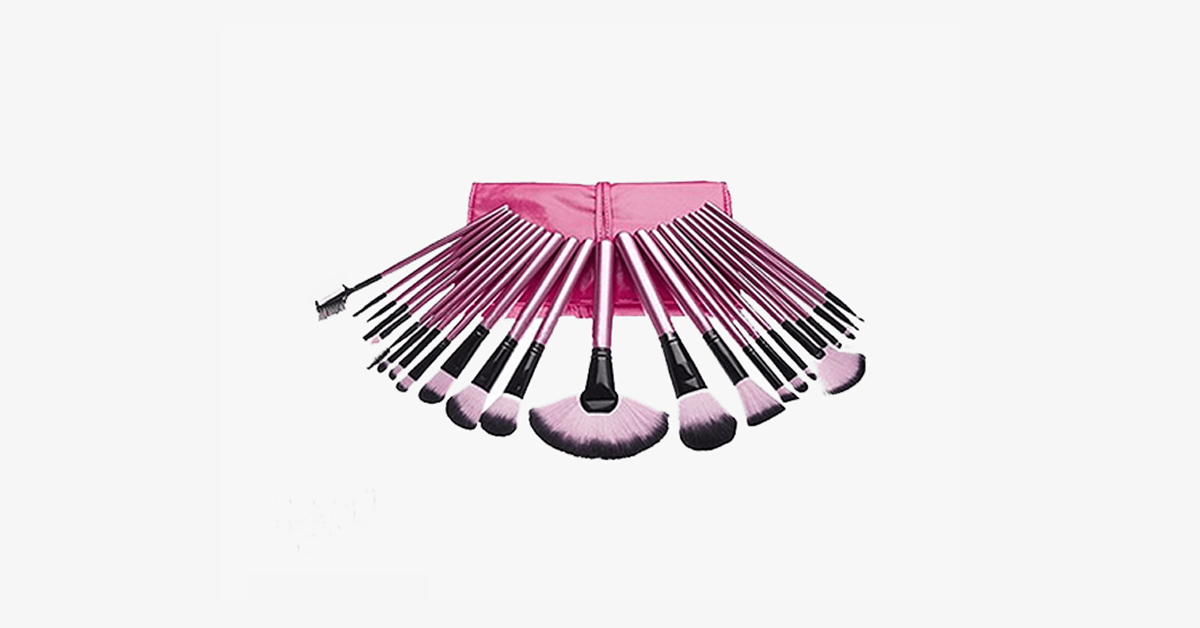 24 Piece Professional Makeup Brush Set with Case - Hot Pink