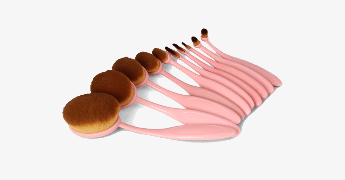 Pink Oval Makeup Brush Kit - Made of Synthetic Hair - Animal-Cruelty Free, 10 Pieces