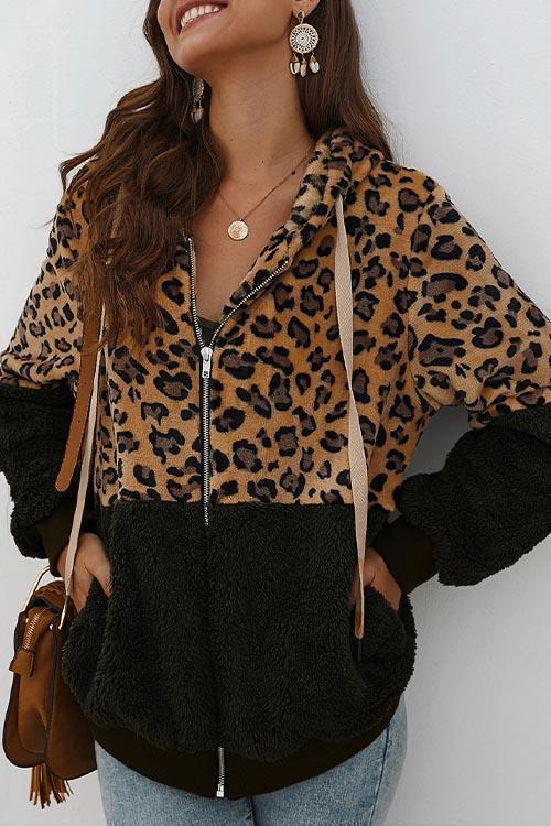 ZoeyChic Leopard Zip-Up Patchwork Hooded Coat 5 Colors