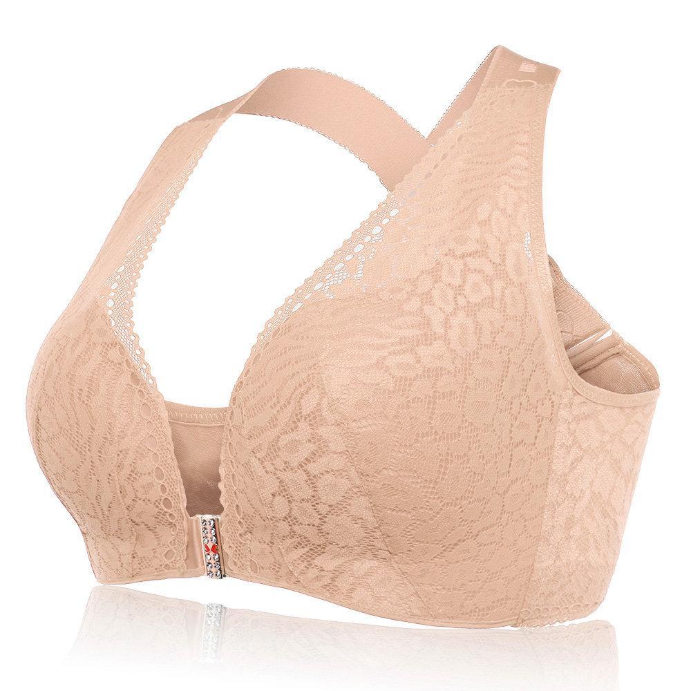 Plus Size Wireless Front Closure Widen Criss Cross Straps Support Back Lace Bras