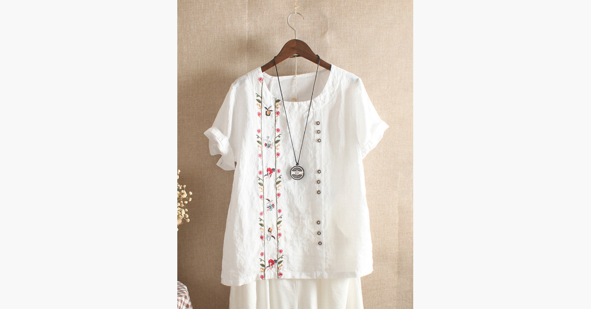 Bohemian Embroidery Floral Short Sleeve Blouse