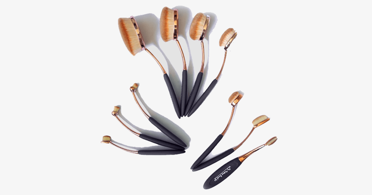 Professional Multipurpose Black & Gold Oval Makeup Brushes - Set of 10