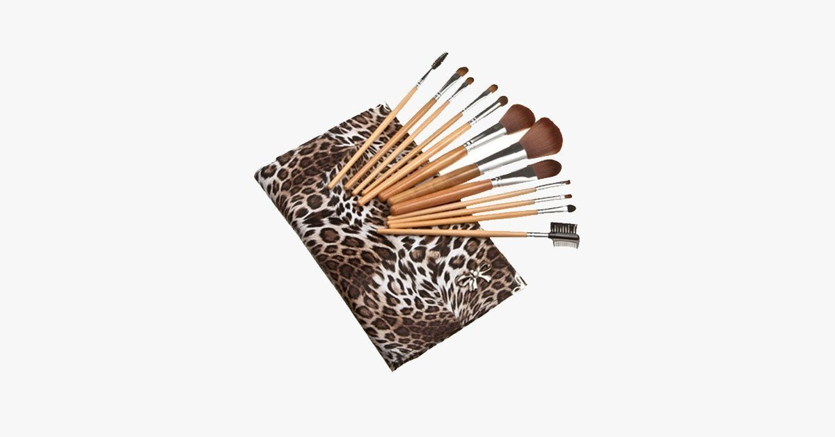 12 Piece Brush Kit With Leopard Print Flat Case - Made With Synthetic Hair - Animal Cruelty-Free & Professional Soft Bristles - Durable & Easy to Use