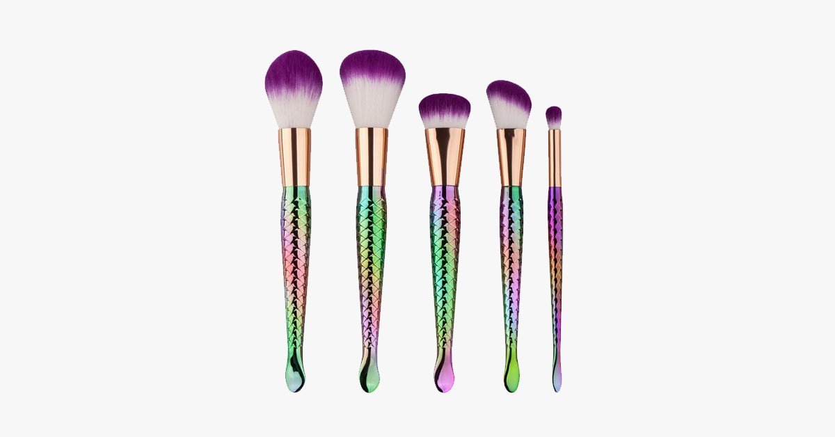 5 Piece Mermaid Makeup Brush Set - Multi-colored Blush, Concealer, & Eye Shadow Tool - Cruelty-free Synthetic Brush