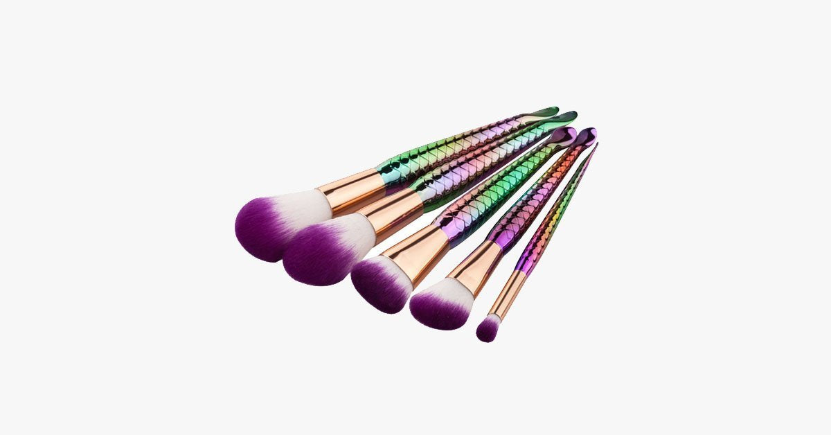 5 Piece Mermaid Makeup Brush Set - Multi-colored Blush, Concealer, & Eye Shadow Tool - Cruelty-free Synthetic Brush