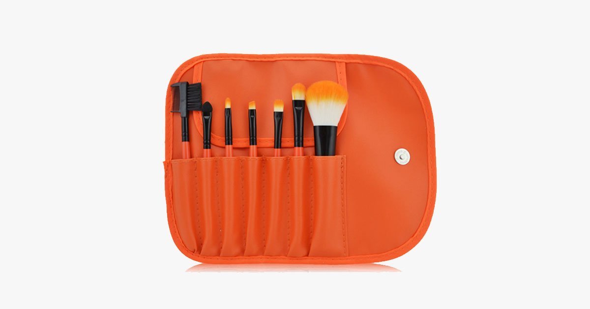 7 Piece Brush Set with Premium Quality Case - Made of Synthetic Hair for Flawless Application - Durable, Soft & Easy to Use, 7 Pieces, Orange