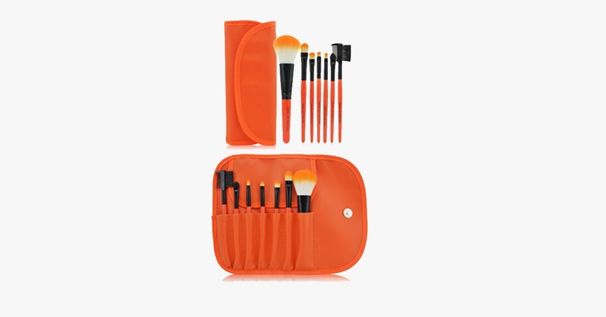 7 Piece Brush Set with Premium Quality Case - Made of Synthetic Hair for Flawless Application - Durable, Soft & Easy to Use, 7 Pieces, Orange