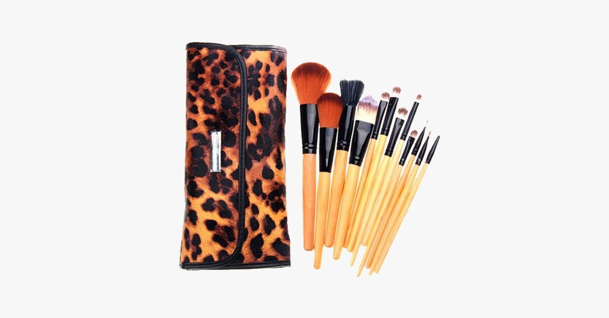 Brush Set with Leopard Print Flat Case - Made of Synthetic Hair, 12 Pieces