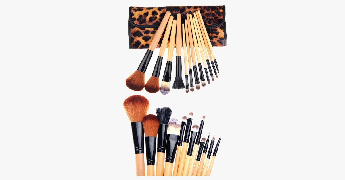 Brush Set with Leopard Print Flat Case - Made of Synthetic Hair, 12 Pieces