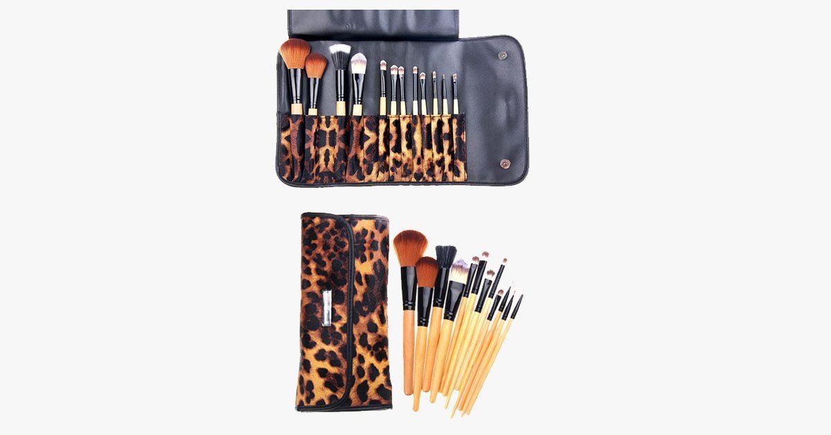 Brush Set with Leopard Print Flat Case - Made of Synthetic Hair, 12 Pieces