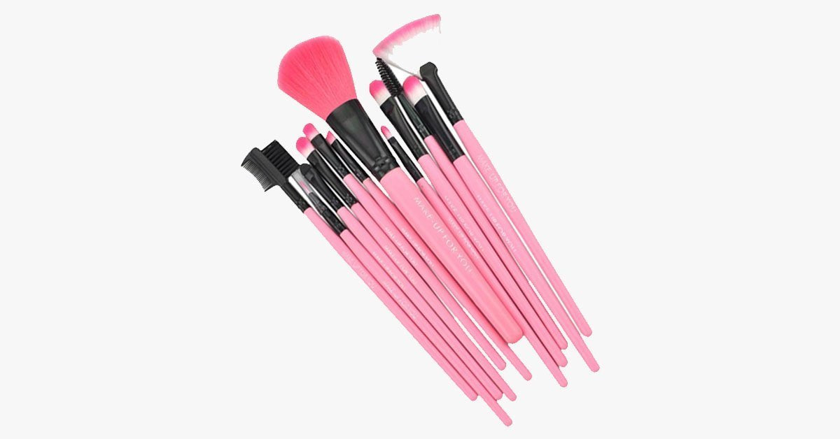 12 Piece Makeup Brush Set with Pink Flat Case - Made of Synthetic Hair - Animal Cruelty-Free