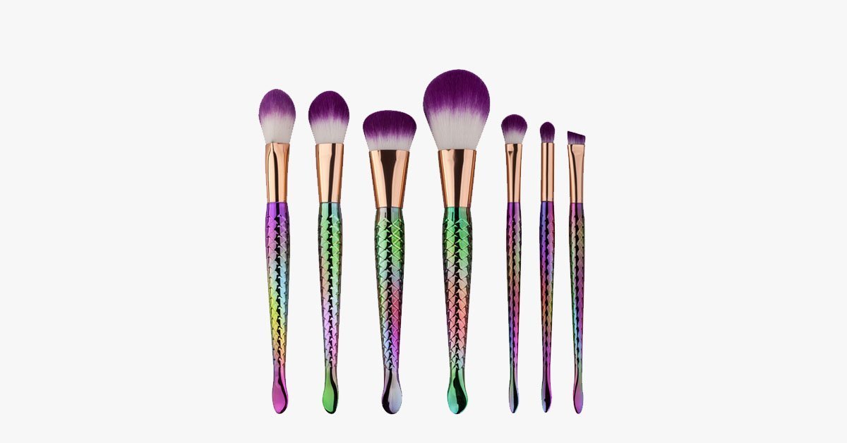 7 Piece Rainbow Mermaid Brushes Set - Unique Colorful Brush Set Perfect For Complete Makeup