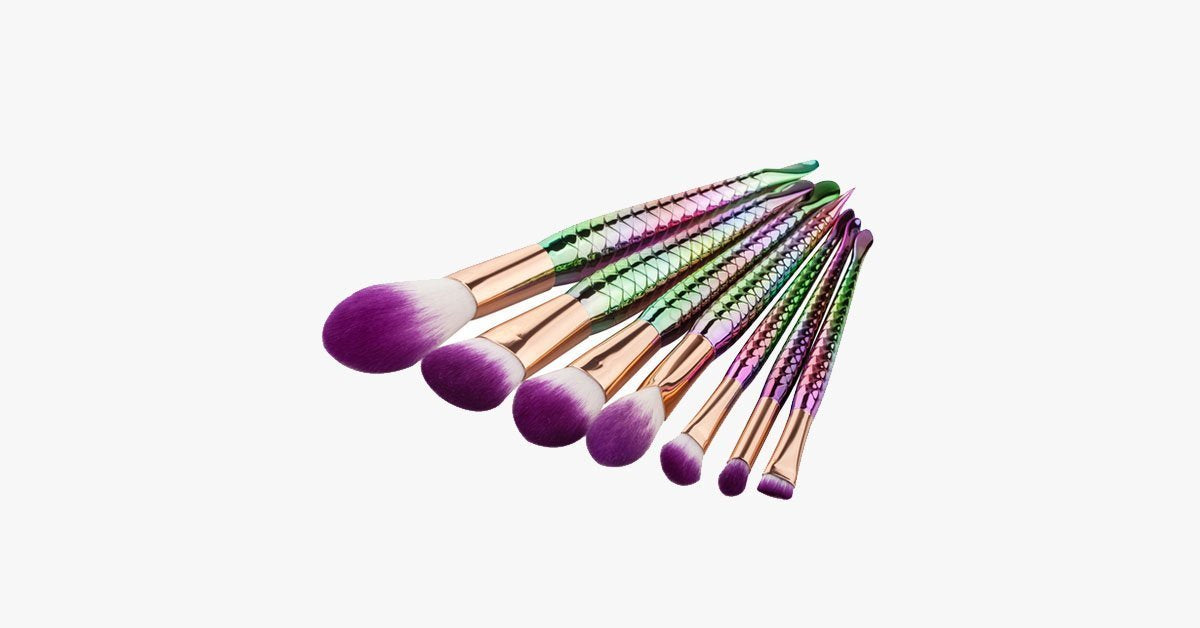 7 Piece Rainbow Mermaid Brushes Set - Unique Colorful Brush Set Perfect For Complete Makeup