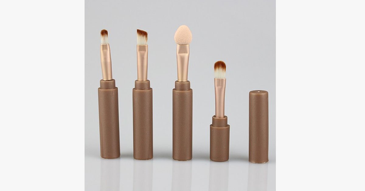 Portable Makeup Brush Set - 4 in 1 Set for Eyeshadow, Eyebrows, and Lips Makeup - Professional Synthetic Brushes